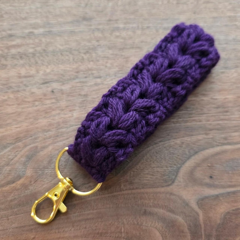 Handmade Purple Crochet Wristlet Floral Puff Key Fob Lanyard Gold Clasp Cotton